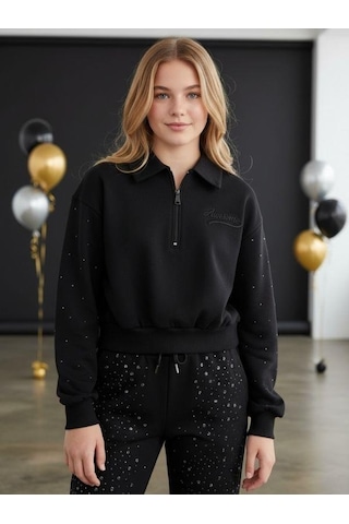 Kız Çocuk Yakası Fermuarlı Kolları Taş İşlemeli Tasarım Sweatshirt-16531 Siyah
