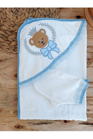 Yeni Doğan Bear Nakışlı Pareolu 4lü Erkek Bebek Havlu20 Takımı Beyaz - Mavi