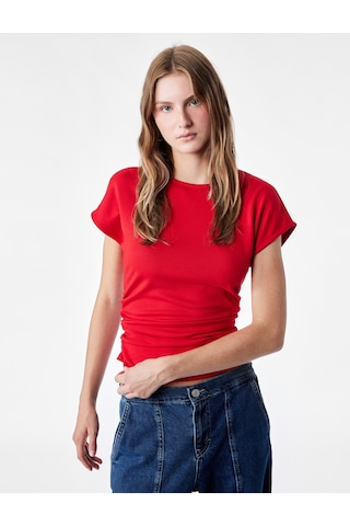 Koton Slim Fit Kısa Kollu Bisiklet Yaka Büzgülü Tişört Kırmızı 6sal10637ık