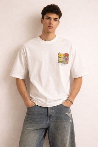 Tarz Cool Erkek Floral Baskılı Tişört Oversize Fit, Sırt Desenli Small Moments Big Memories Beyaz