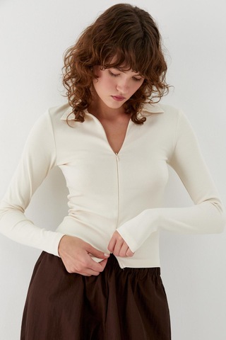 Polo Yaka Önden Gizli Fermuarlı Bluz Ekru Ekru