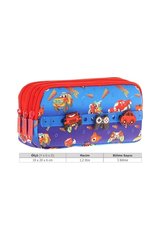 Kaukko Kids Mavi Kırmızı, Arabalar, Erkek Çocuk Üç Bölmeli Okul Kalem Çantası - L8258 Mavi - Kırmızı