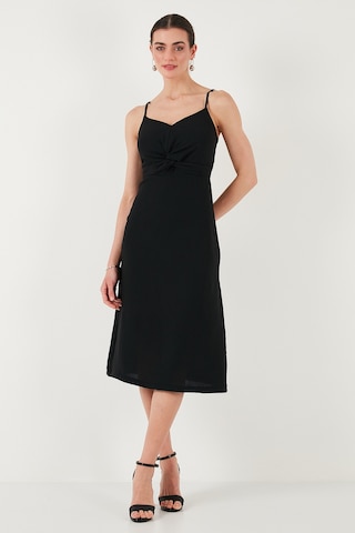 Lela Büzgü Detaylı Regular Fit V Yaka Midi Boy Bayan Elbise 6788886 Siyah