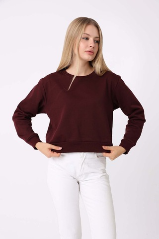Defys Kadın Bisiklet Yaka Üç İplik Şardonlu Basic Sweatshirt Bordo - 747511219 Bordo
