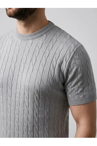 Vexor Erkek Yazlık Triko Dokuma Tişört Kısa Kol Bisiklet Yaka Örgü Desenli T-shirt - Gri