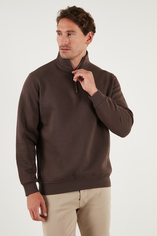 Buratti Pamuklu Regular Fit Yarım Fermuarlı Dik Yaka Erkek Sweat 59052592 Koyu Kahve