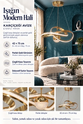 Karçiçegi Büyük Modern Ledli Avize Çizgili 3 Renk Power Ledli Gold Kaplama Yatak Odası Salon Mutfak