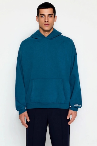 Benerly Erkek Kapüşonlu Standart Kol Oversize Kalıp Slogan Desenli Sweats Petrol