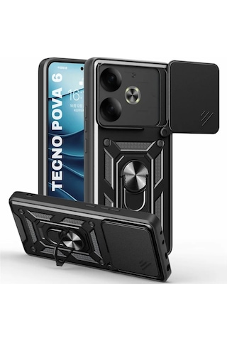 Tecno Pova 6 Uyumlu Tank Kılıf Yüzüklü Standlı Extra Darbe Koruma Zırhlı Outdoor Kapak - Siyah