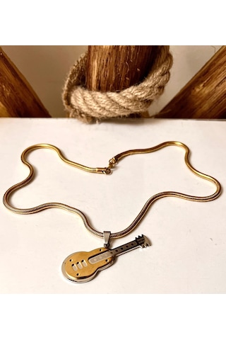 Kalın Çelik Burgu Zincir-gitar Figürlü Unisex Çelik Kolye 55cm Altın - Gümüş