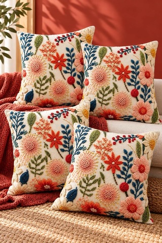 4'lü Set Çiçekli Dekoratif Kırlent Kılıfı 43x43 Cm, 3d Efektli Dijital Baskılı - Baharın Renkleri Çok Renkli