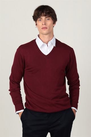 Tudors Slim Fit Dar Kesim V Yaka Pamuklu Erkek Kazak-8087 Bordo