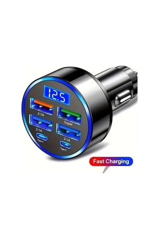 6 Portlu Hızlı Araç Şarj Cihazı 4 Usb + 2 Type-c Çıkışlı Dijital Göstergeli Oto Şarjı Siyah
