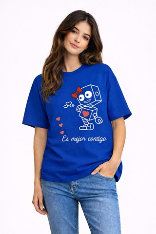 Sevgili Kombini Robot Baskılı Çift Tişört Oversize Unisex Partner Lacivert