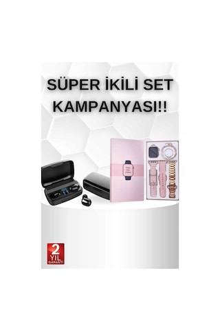 Wireless Şarjlı Pembe Akıllı Saat Ve Kablosuz Bluetooth Kulaklık Dokunmatik Kontrol