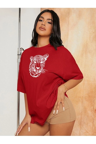 Flood Of Style Kadın Kırmızı Leopar Figür Baskılı Oversize T-shirt