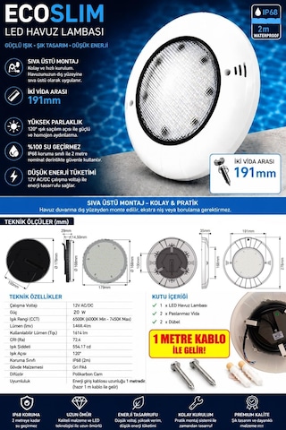 Ecoslim 72 Led 20w Beyaz Sıva Üstü Havuz Aydınlatma Lambası
