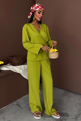 Moderie Butik Kruvaze Model Klasik Pantolonlu Çupra Keten Takım 10191 Yeşi L