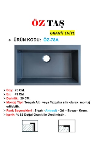 Öztaş ÖZ-78a Granit Mutfak Eviye Antrasit Tek Gözlü 50 x 78 CM