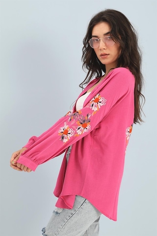 Wpr Kimono Reglan Kol Nakışlı Keten - Fuşya-fuşya Fuşya
