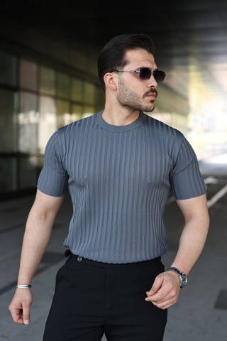 Veraura Lifestyle Erkek Fitilli Bisiklet Yaka Kısa Kollu Tişört Antrasit