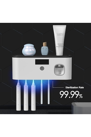 Bosphorusboutique02 Gri Elektrikli Diş Fırçası Uv Sterilizasyon Kurutma Tutucu Duvara Monte Diş Macunu Sıkacağı Banyo Organizatör Aksesuarları Set Gri Gri