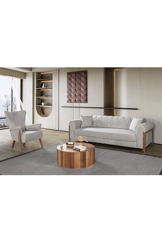 Kitkat Ahşap Yataklı Sandıklı Koltuk Takımı Krem