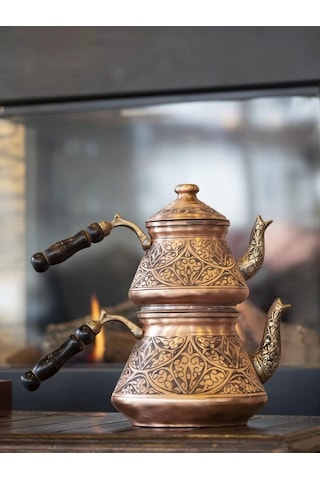 Bakır Çaydanlık Ağır İşlemeli Mat Bakır Renk