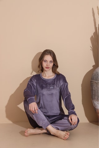 Lukitus Kadife Uzun Kol Kadın Pijama Takımı Gri
