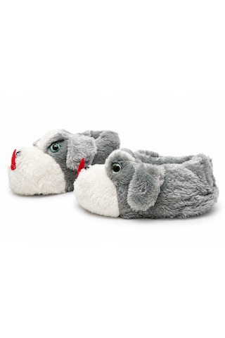 Modafocus Sevimli Köpek Figürlü Sessiz Kaydırmaz Taban Peluş Unisex Ev Pandufu Sevgili Kombin Terliği Gri