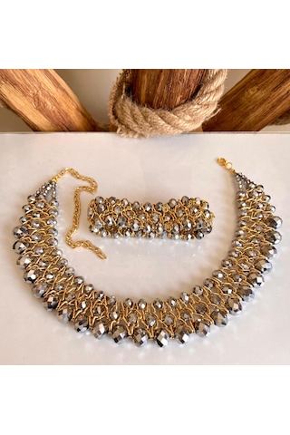 Rose Kristal Taşlı Türk El Yapımı Gerdanlık Kolye Ve Bilezik Set Rose Gold