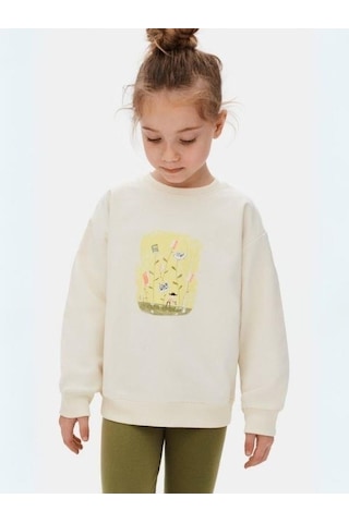 Kız Çocuk Önü Baskılı Boncuk Detaylı Sweatshirt-16130 KREM