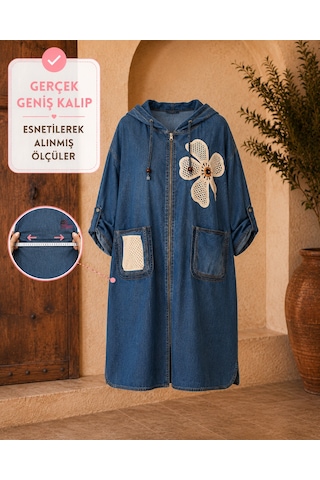 Büyük Beden Kapüşonlu Fermuarlı Denim Görünümlü Çiçek Aplikeli Cepli Uzun Rahat Kesim Kadın Elbise Mavi