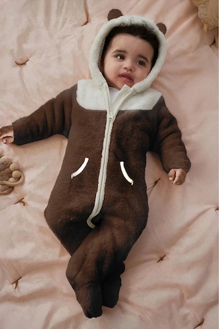 Luess Peluş Kulak Detaylı Unisex Bebek Tulum - Kahverengi