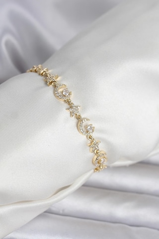 Pirinç Gold Renk Zirkon Taşlı Ay Ve Yıldız Model Kadın Bileklik Altın
