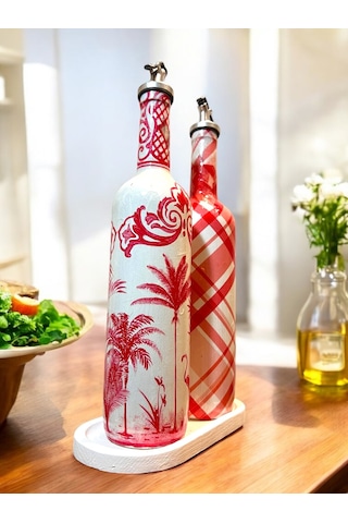 El Yapımı Kırmızı Beyaz Yağdanlık Seti Flamingo Ekose Desenli Cam Şişe, Dekoratif Mutfak & Sofra Ü Açık Pembe