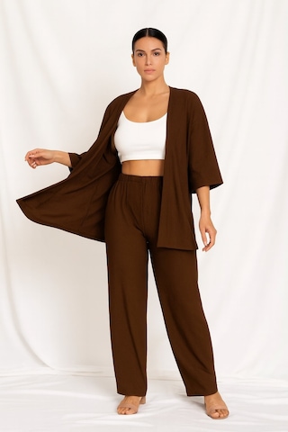 Bürümcük Kumaş Kimono Hırka Alt-üst Takım M-6xl Kahverengi