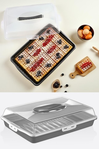 Flosoft Dikdörtgen Kek Pasta Börek Saklama Kabı, Kilitli Borcam Taşıma Kabı Büyük Boy 45 CM Siyah
