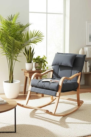 Reyo Paşa Ahşap Sallanan Sandalye, Çıkartılabilir Kılıflı Minderli, Boyun Yastıklı Dinlenme Koltuğu Emzirme Koltuğu Füme Füme