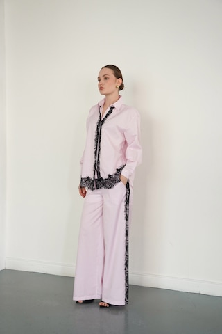 Verymoda Dantel Detaylı Çizgili Pantolon F2083 Pembe