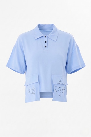 Sortie Collection Polo Yaka Yazı Baskılı Cep Detaylı Crop Bluz Mavi