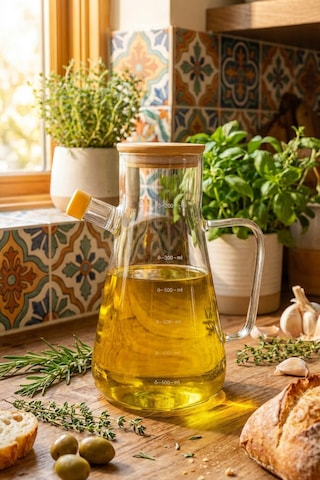 Makri Home Cam Yağdanlık Bambu Kapaklı, Ölçekli, Silikon Tıpalı Şeffaf