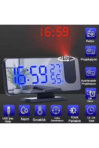 Çok Fonksiyonlu Ayna Saat Fm Radyo Alarm Projeksiyon Sıcaklık ...