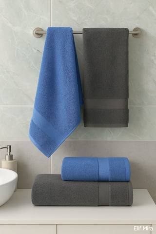 4 Lü Banyo Havlusu Seti %100 Pamuklu 70x140 Cm Pleasure Antrasit-Mavi