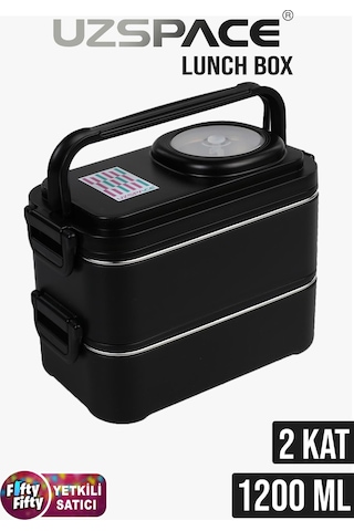 Uzspace 1200 Ml İki Kat Dört Bölme Paslanmaz Çelik Lunch Box Yeni Nesil Sefer Tası-sos Kaseli Model-fflbox8023 Siyah