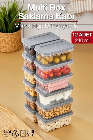 Multi Box 12 Li Set Saklama Kabı Seti - Dondurucu & Mikrodalga Uyumlu Gri