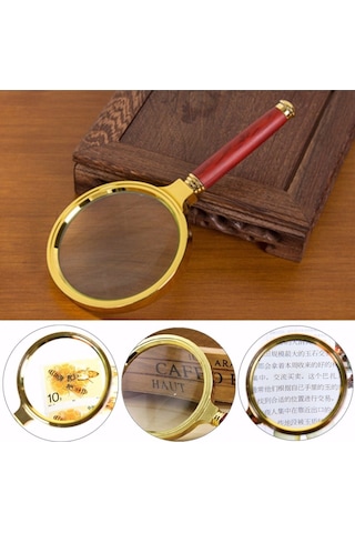 9 Cm Gold Dekoratif El Tipi Büyüteç 10x Büyütme 90mm Cerçeveli Tutma Saplı Okuma Tamir Büyüteçi 17cm