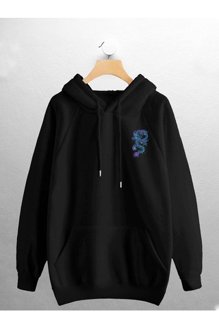 Macklin Unisex Kadın Erkek Mavi Ejderha Baskılı Sweatshirt Siyah Mck0775 Siyah