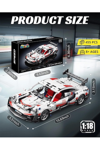 1:18 Spor Araba Modeli Teknik Yapım Seti Kendin Yap Boz 455 Parça Beyaz