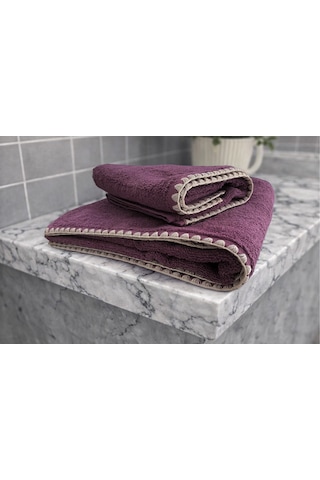Krem İstiridye Dikişli %100 Pamuk Yumuşak Dokulu Yüksek Su Emici 2'li Banyo Havlu Seti 50x90-70x130 Mor